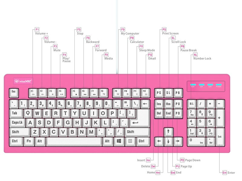 vitalASC 104-Key Large Print USB Wired 7ft, Spill-Resistant, Hot Pink and White, Durable Keyboard for Laptop, Mac, TV, and Computer (Pink) - Image 1